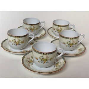 Vintage Noritake Set of 5 Demitasse Cups and Saucers Floral Yellow Blue